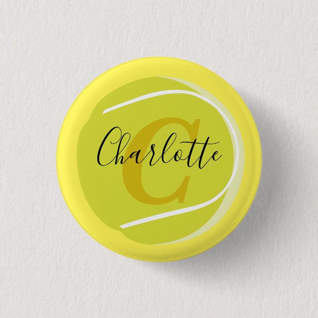 Tennis ball with Gold Monogram Script name  yellow 1 Inch Round Button (Front)