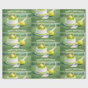 Tennis ball with happy birthday and cake on green wrapping paper