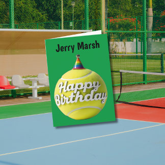 Tennis ball with happy birthday birthday hat card
