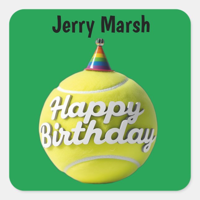 Tennis ball with happy birthday birthday hat square sticker (Front)