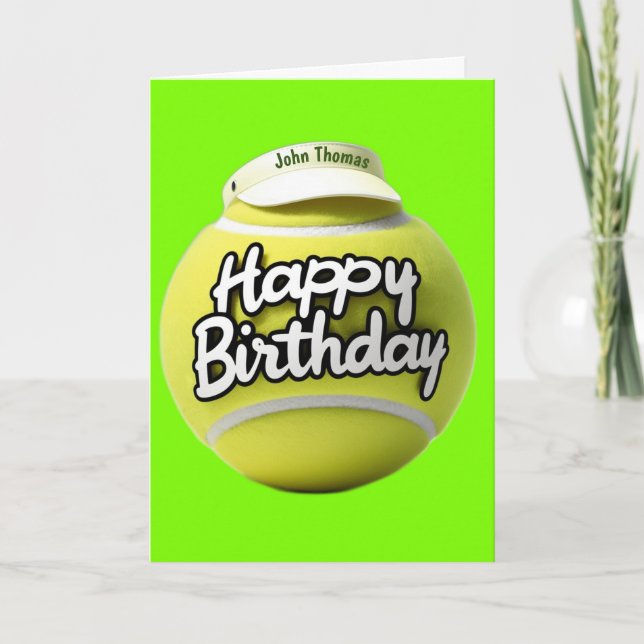 Tennis ball with happy birthday wearing visor card (Front)