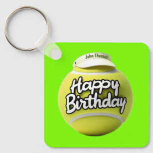 Tennis ball with happy birthday wearing visor keychain
