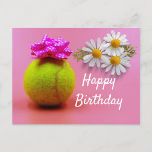 Tennis ball with happy birthday word on pink  postcard