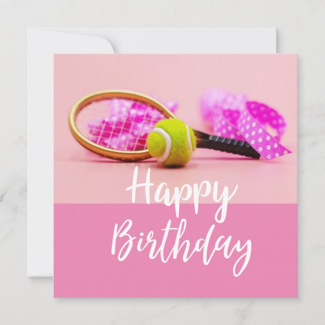 Tennis ball with racket on pink Birthday  Card (Front)