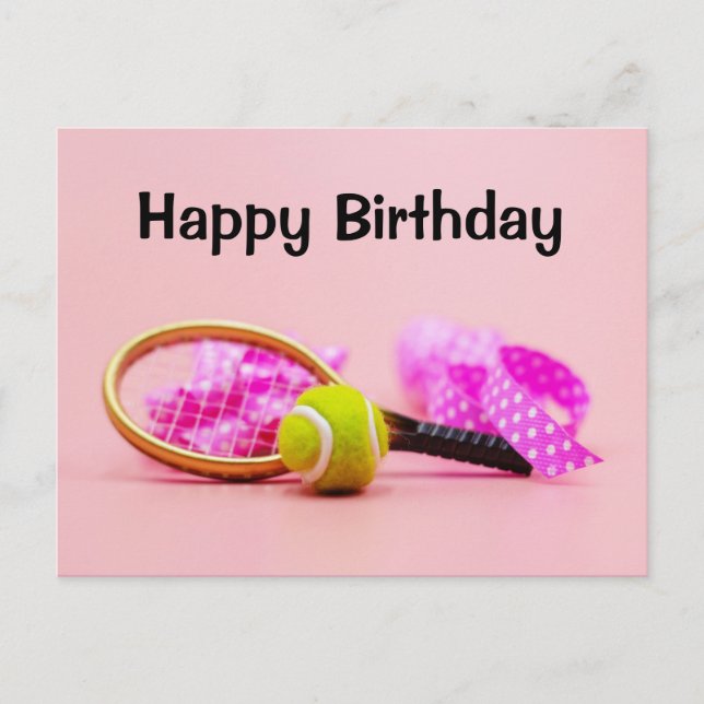 Tennis ball with racket on pink pastel birthday  postcard (Front)