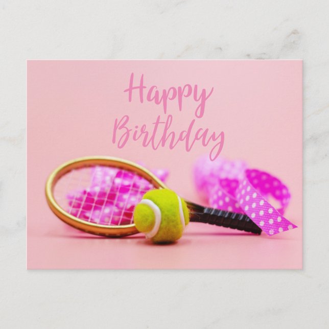 Tennis ball with racket on pink pastel birthday  postcard (Front)