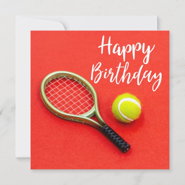 Tennis ball with racket on red Birthday Card (Front)