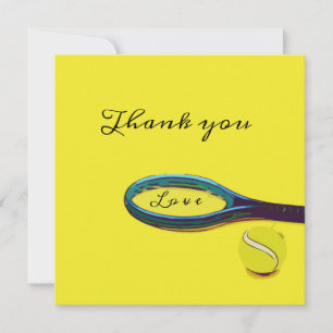 Tennis ball with racket on yellow Thank you Card