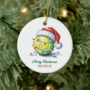 Tennis Ball with Santa Hat Custom Christmas Ceramic Ornament
