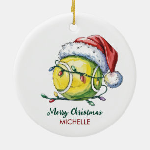 Tennis Ball with Santa Hat Custom Christmas Ceramic Ornament