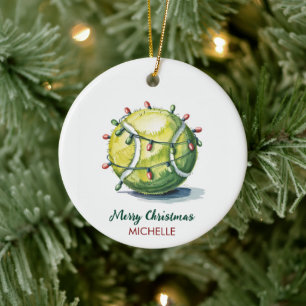 Tennis Ball with Santa Hat Custom Christmas Ceramic Ornament