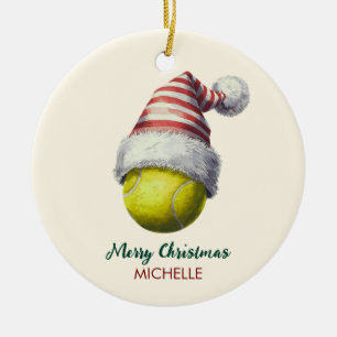 Tennis Ball with Santa Hat Custom Christmas Ceramic Ornament