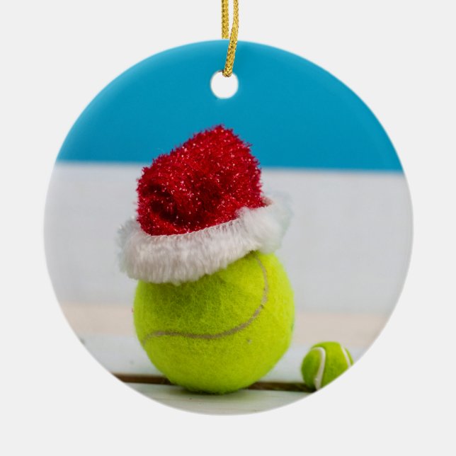 Tennis ball with Santa hat for Christmas Holiday Ceramic Ornament (Front)