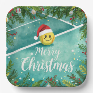 Tennis ball with Santa Hat on the court Christmas  Paper Plate