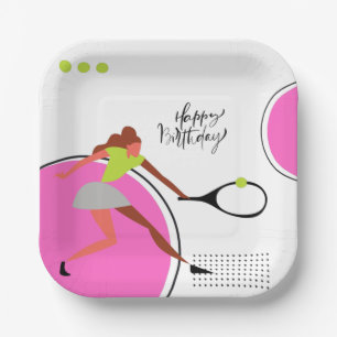 Tennis ball with Woman player birthday   Paper Plate
