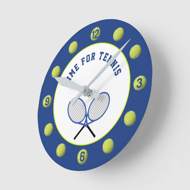 Tennis balls and rackets blue round clock (Angle)