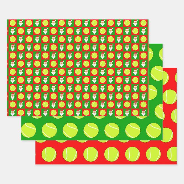  Tennis Balls and Santa Red and Green Christmas Wrapping Paper Sheet (Set)