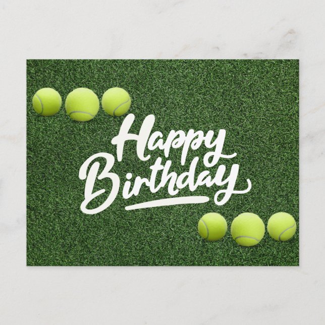 Tennis balls are on green grass birthday postcard (Front)