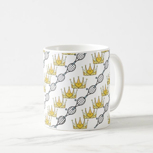 Tennis Balls Rackets and Crowns Royal Pattern Coffee Mug (Front Right)