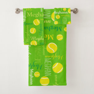 Tennis balls sports yellow, green custom name bath towel set