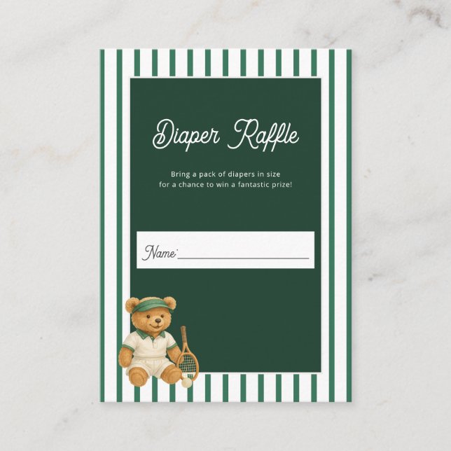 Tennis Bear Baby Shower Diaper Raffle Enclosure Card (Front)
