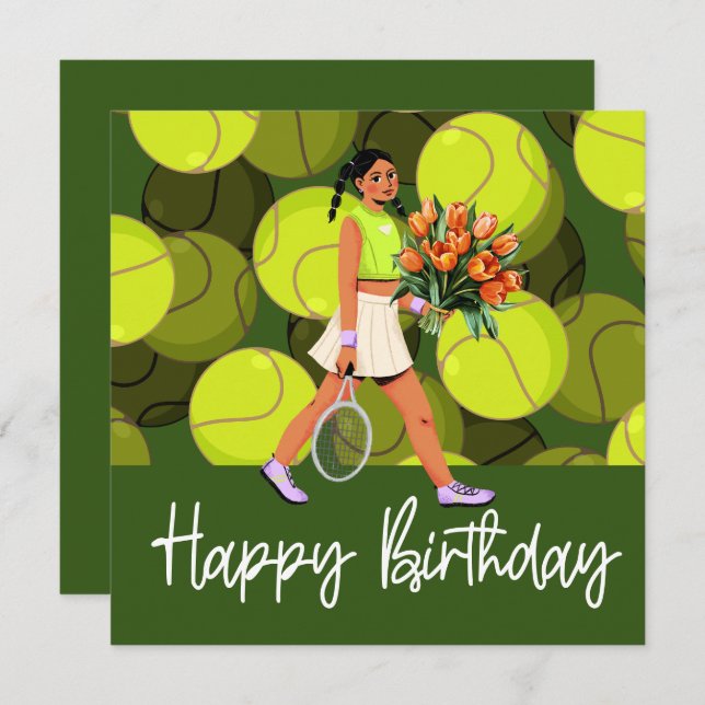 Tennis Birthday Card with woman player  (Front/Back)