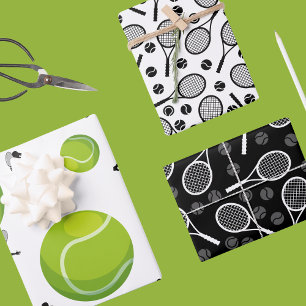 Tennis Birthday Gift Player Balls n Rackets Trendy Wrapping Paper Sheet