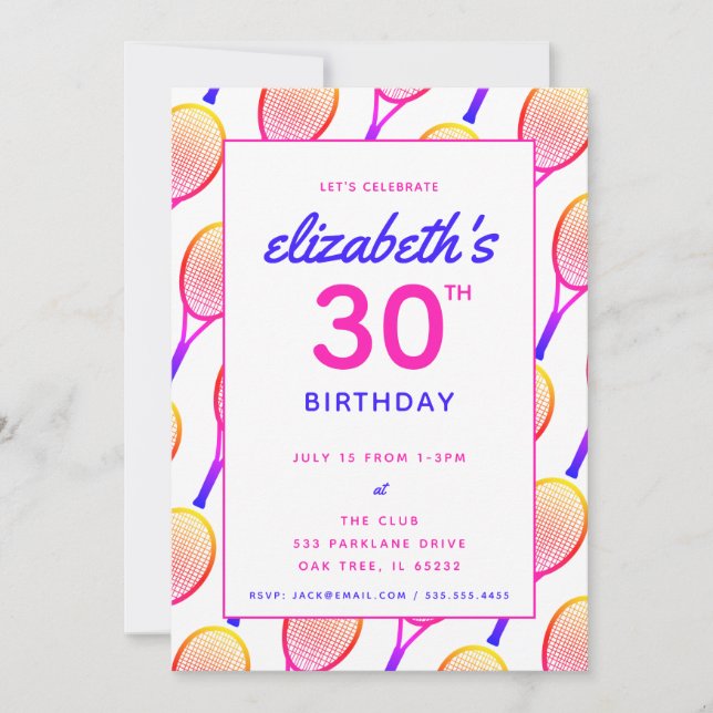 Tennis Birthday Party Bright Pink Blue Custom Invitation (Front)