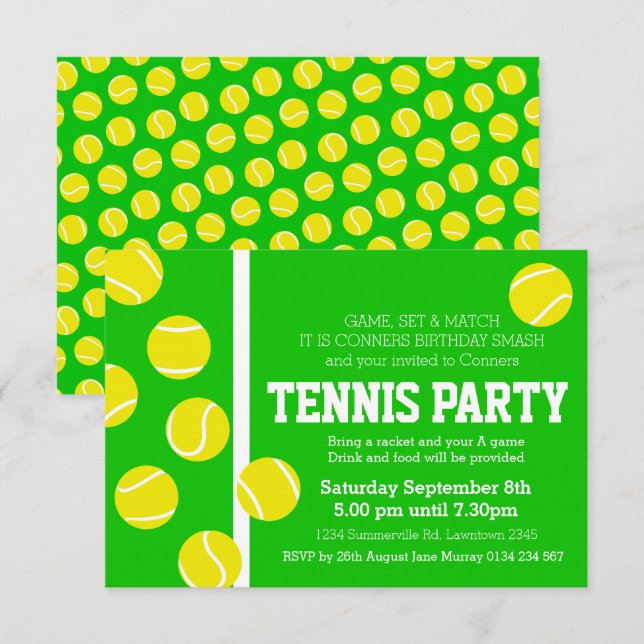 Tennis birthday party invite green, yellow & white (Front/Back)