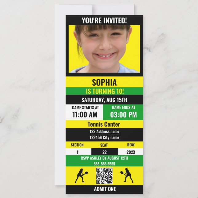 Tennis Birthday Party Ticket (Yellow/Green/Black) Invitation (Front)