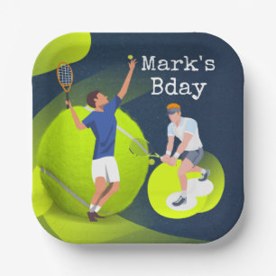 Tennis  Birthday  tennis  player with racket blue Paper Plate