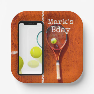 Tennis  Birthday  tennis  player with racket red Paper Plate