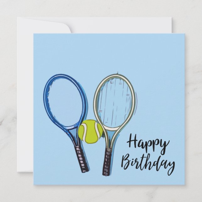 Tennis Birthday with  ball and  Racket on Blue Card (Front)