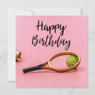 Tennis Birthday with ball and Racket on Pink Card
