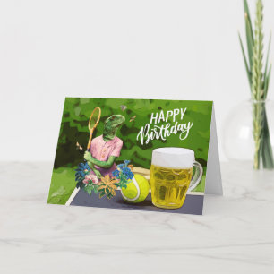 Tennis Birthday with Beer and ball racket Funny Card