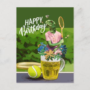 Tennis Birthday with Beer and ball racket on green Postcard