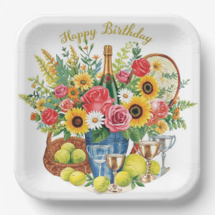Tennis Birthday with Flowers and ball watercolor Paper Plate