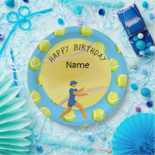 Tennis Birthday with tennis player on blue Paper Plate