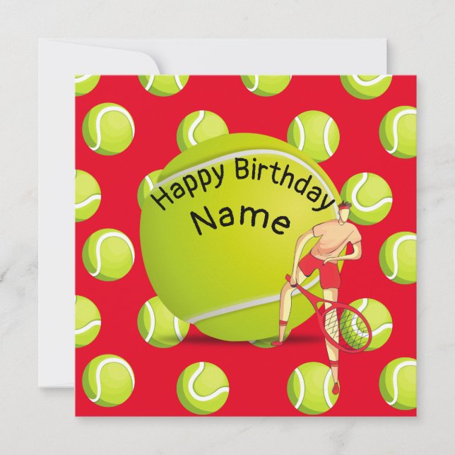 Tennis Birthday with tennis player on red     Card (Front)