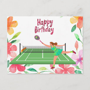 Tennis Birthday with woman player and flower  Postcard