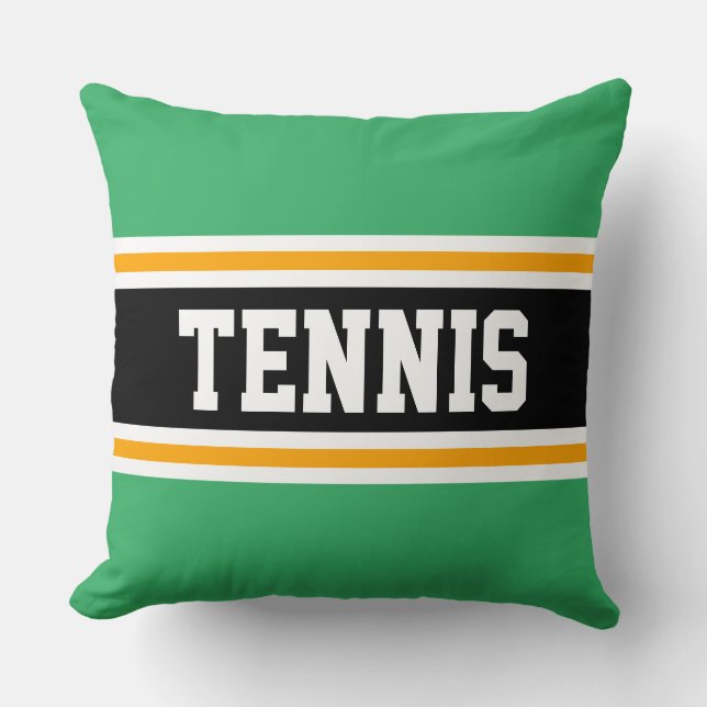 TENNIS Bright Kelly Green Black Athletic Stripes Throw Pillow (Front)