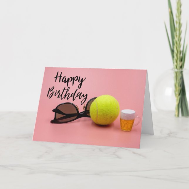 Tennis Carte Anniversaire avec boule et bière rose (Devant)