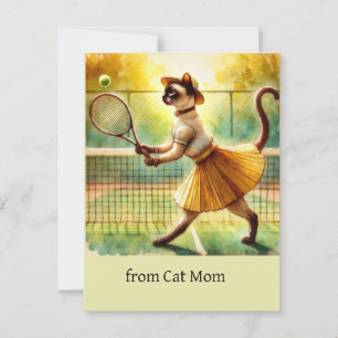 Tennis cat woman player watercolor postcard