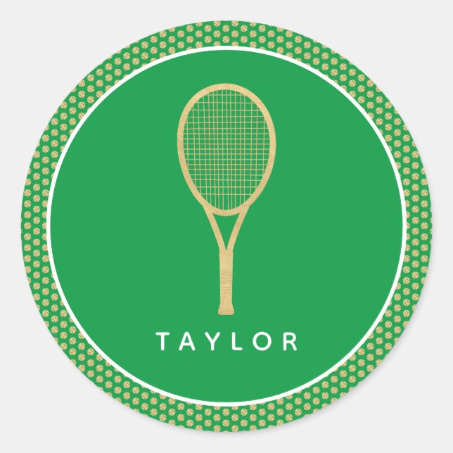 Tennis Chic Green Gold Custom Name Classic Round Sticker (Front)