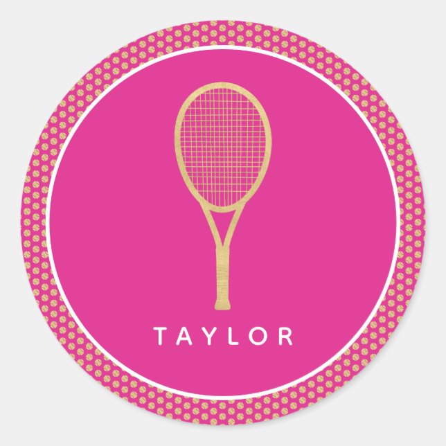 Tennis Chic Pink Gold Custom Name Classic Round Sticker (Front)