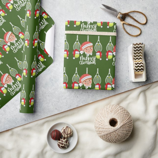 Tennis Christmas Holiday with Santa Claus green Wrapping Paper (Crafts)