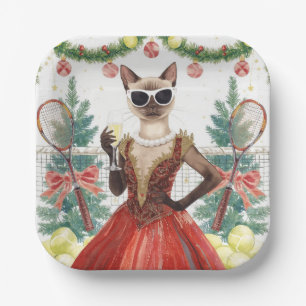 Tennis Christmas Party with Cat Players Paper Plate