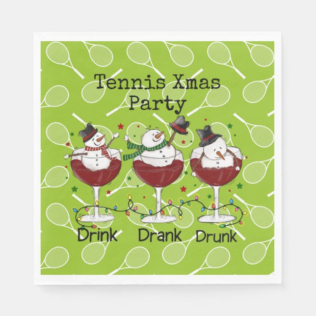 Tennis Christmas Party with Snowman Drink Wine Napkin (Front)
