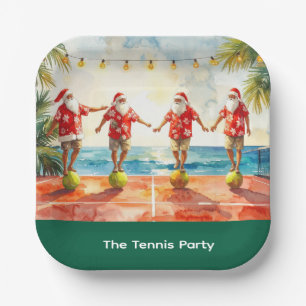 Tennis Christmas Summer with Santa Claus at beach Paper Plate