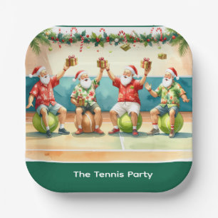 Tennis Christmas Summer with Santa Claus at beach Paper Plate